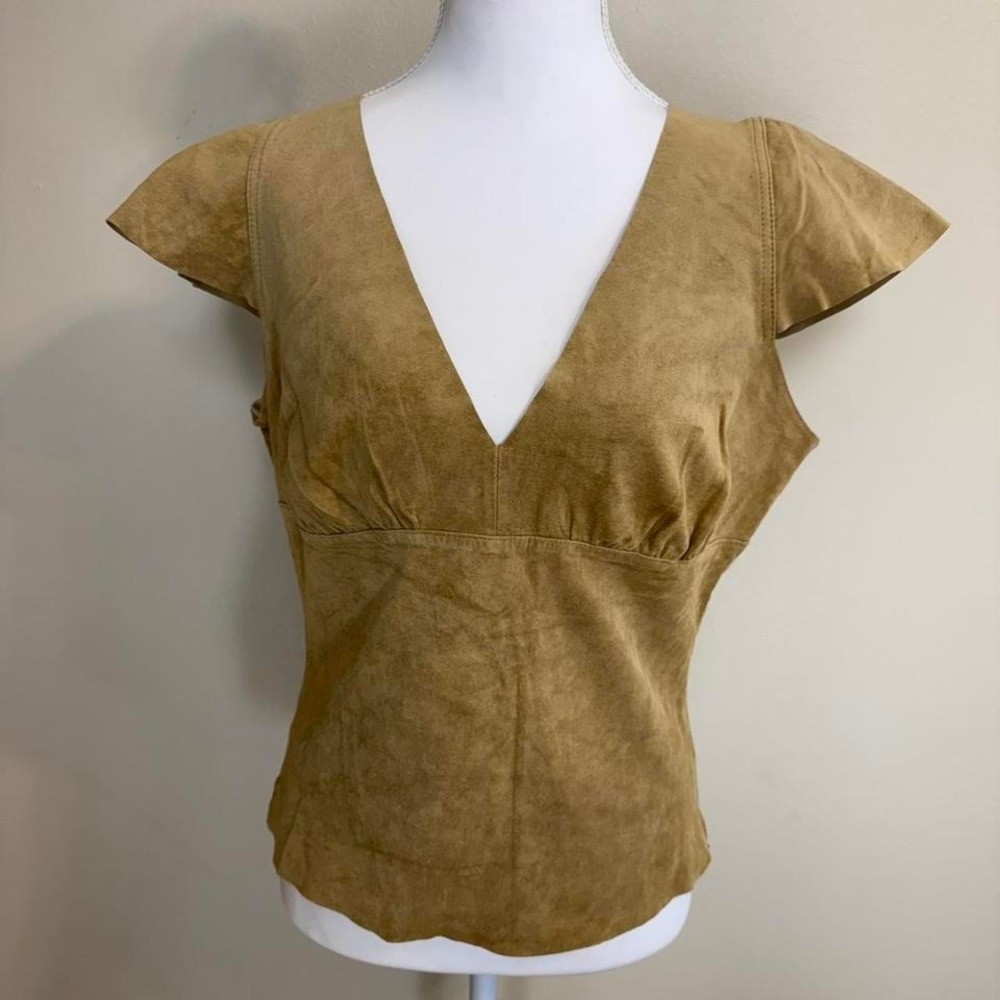 Arden B Deep V-Neck 100% Suede Leather Top Sz L Side Zipper Boho Y2k Western - Picture 2 of 8